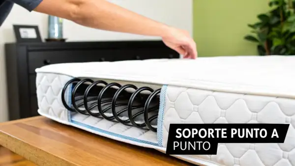Un colchón muestra su interior con resortes negros, explicando qué significa muelles ensacados para un soporte ideal.