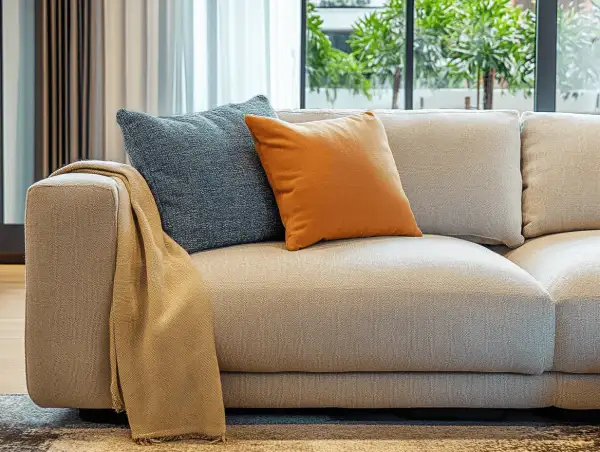 Sofá de tela beige con cojines azul y naranja. Un chal color camel cuelga del brazo. Ideal para aprender como limpiar sofa de tela.