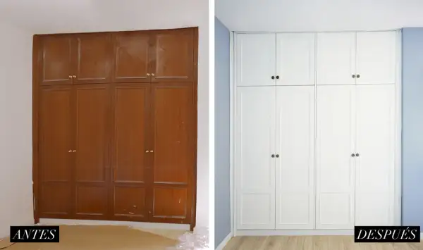 Armario empotrado antes y después de pintar. El mueble de madera oscura se transforma en un armario blanco moderno y luminoso.